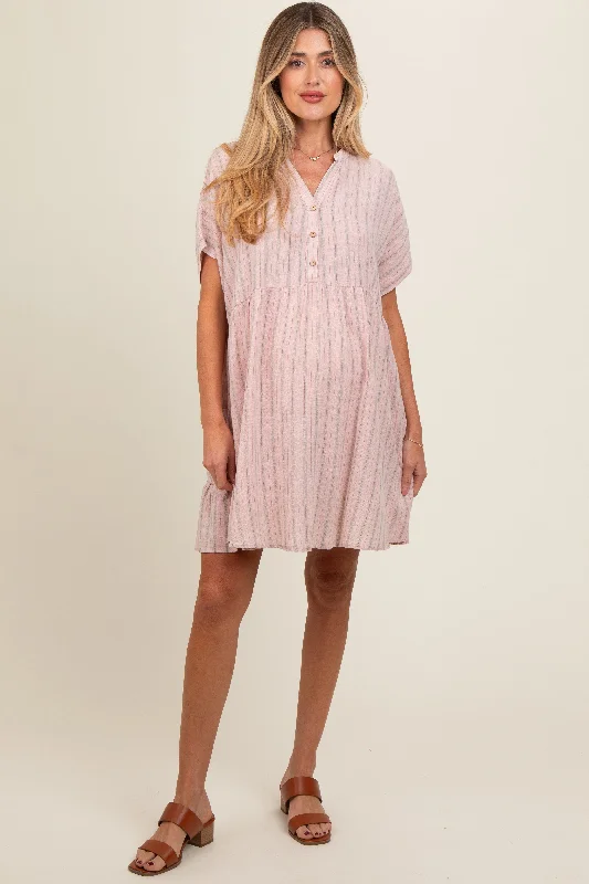 Light Pink Striped Button Front Maternity Dress Beaded unclassified dresses