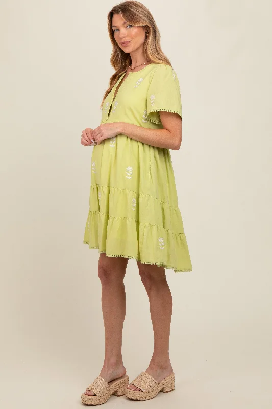 Lime Embroidered Split Neck Maternity Dress Fall unclassified dresses