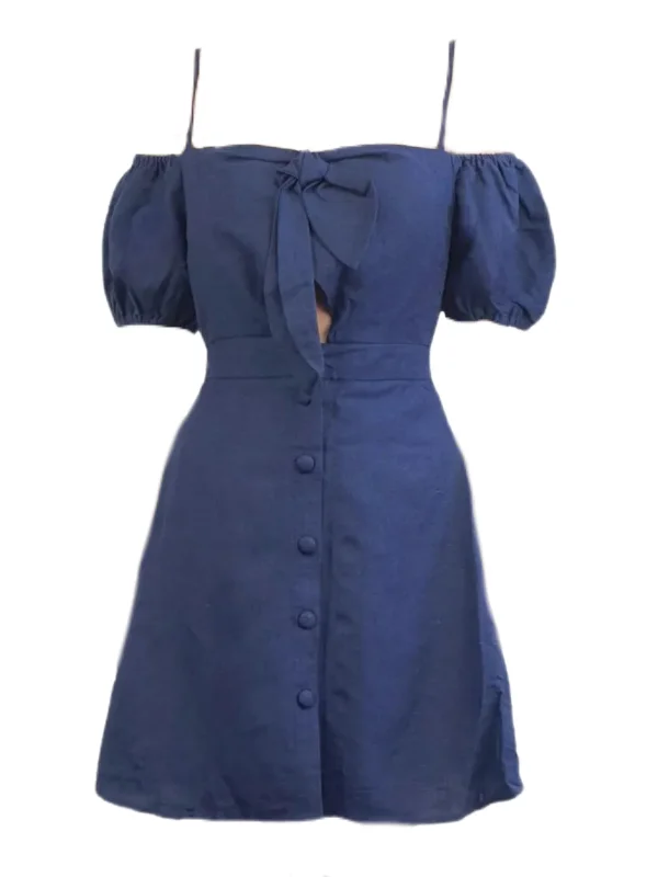 MADISON THE LABEL Women's Blue Off The Shoulders Linen Dress # MS024 X-Small NWT Short unclassified dresses