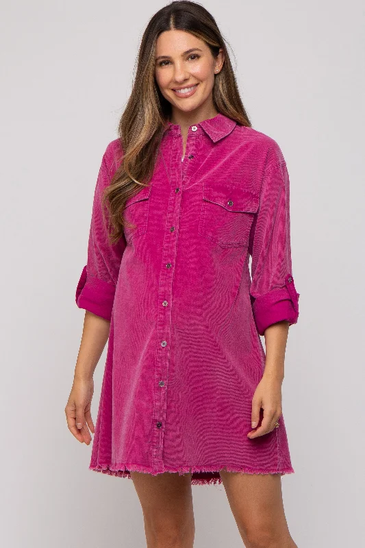 Magenta Corduroy Button Front Fringe Hem Maternity Dress Comfortable unclassified dresses