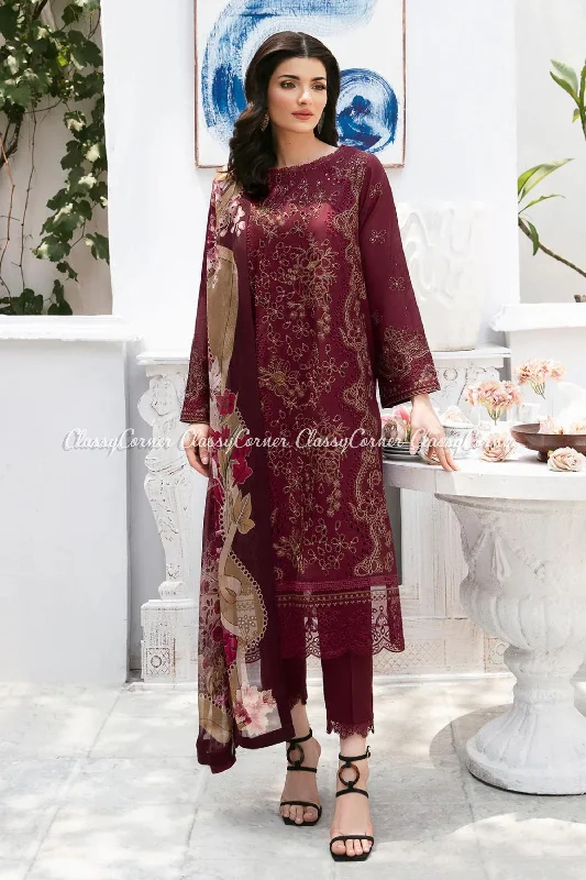 Maroon 3pc Lawn Salwar Kameez Corset unclassified dresses