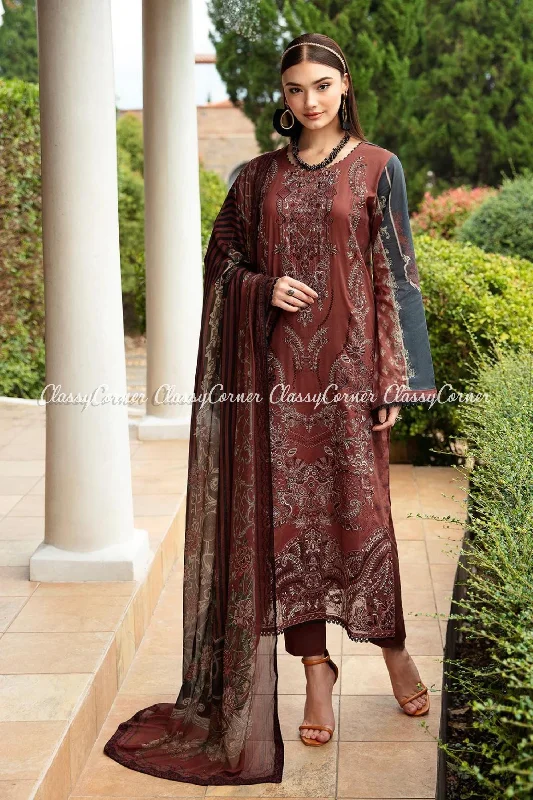 Maroon Lawn Embroidered Pakistani Suit Stretchy unclassified dresses