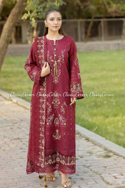 Maroon Lawn Pakistani 3PC Suit Casual unclassified dresses