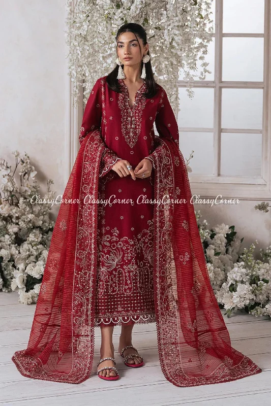 Maroon White Embroidered Lawn 3pc Suit One-shoulder unclassified dresses