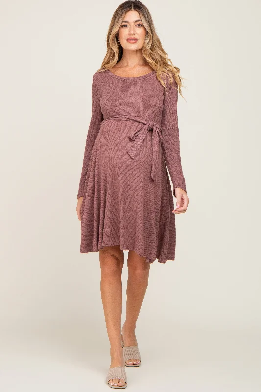 Mauve Soft Rib Knit Sash Tie Maternity Dress Flowy unclassified dresses