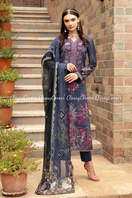 Midnight Blue Lawn Embroidered Salwar Kameez Flowy unclassified dresses