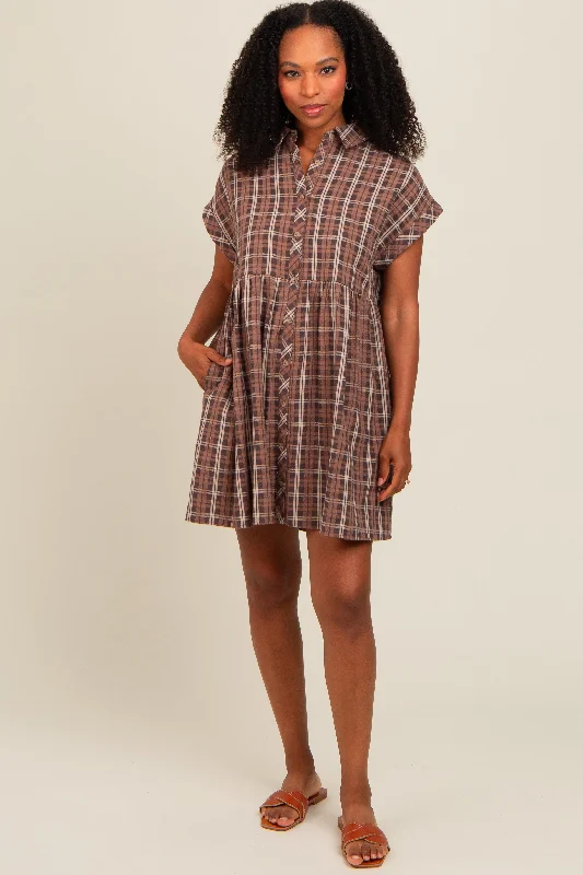 Mocha Plaid Rolled Cuff Sleeve Button Down Dress Street style unclassified dresses