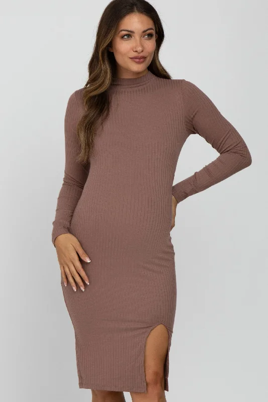 Mocha Ribbed Mock Neck Front Slit Maternity Dress Popular unclassified dresses