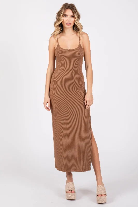 Mocha Ribbed Sleeveless Side Slit Dress Designer unclassified dresses