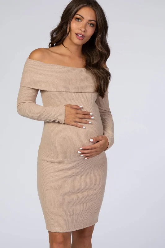 Mocha Soft Ribbed Folded Neck Off Shoulder Maternity Dress Date night unclassified dresses