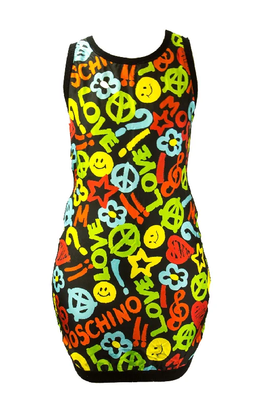 Moschino Couture Silk Sleeveless Dress IT 42 Black Multi Sleeveless unclassified dresses