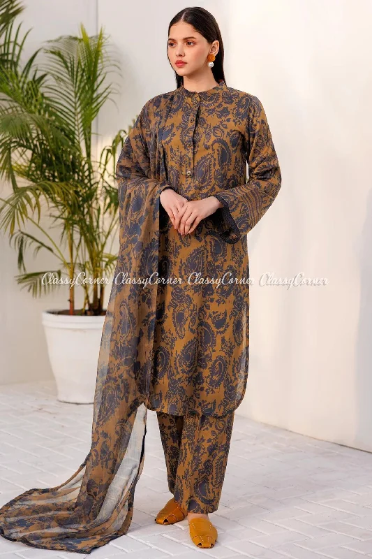 Mustard Black Semi Formal Lawn Suit Open-back unclassified dresses