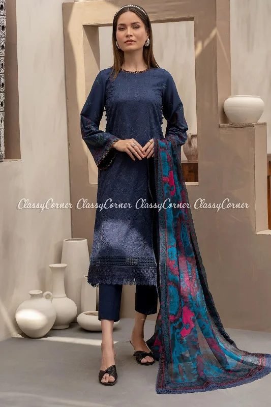 Navy Blue Lawn Salwar Kameez Flowy unclassified dresses