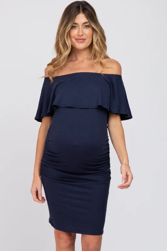 Navy Blue Off Shoulder Fitted Maternity Dress Silk unclassified dresses