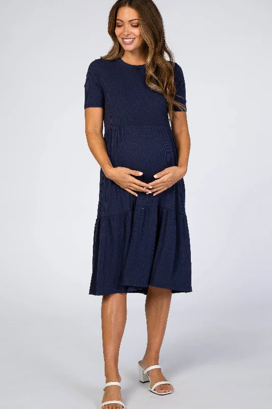 Navy Blue Ribbed Tiered Maternity Dress Ruffled unclassified dresses