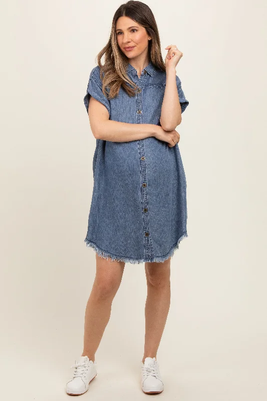 Navy Chambray Frayed Button Down Maternity Dress A-line unclassified dresses