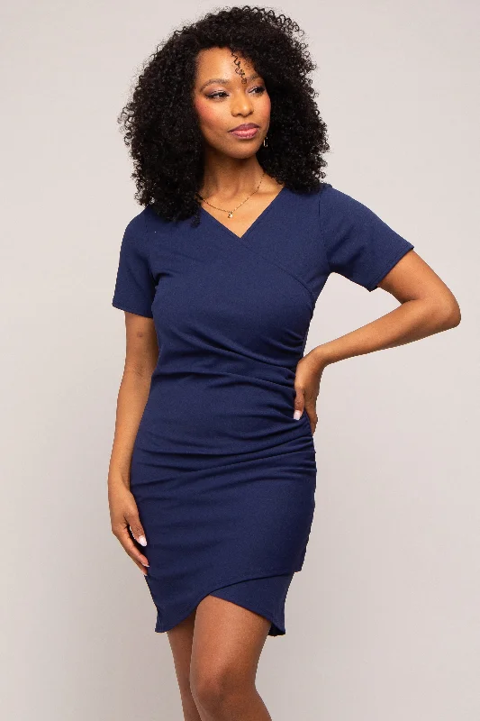 Navy Ruched Wrap Tulip Hem Fitted Dress Formal unclassified dresses