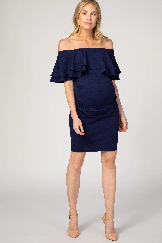 Navy Ruffle Off Shoulder Ruched Maternity Dress Y2K unclassified dresses