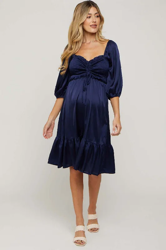 Navy Satin Smocked Ruffle Hem Maternity Dress Lace unclassified dresses