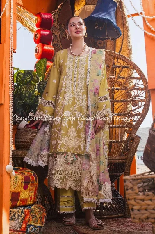 Olive Green Lawn Pakistani Suit One-shoulder unclassified dresses