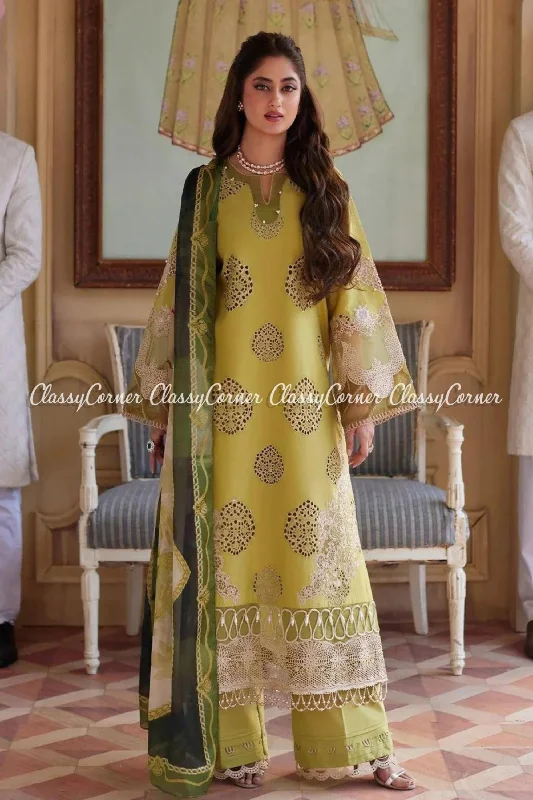 Olive Green Schiffli Lawn Pakistani Suit Cotton unclassified dresses