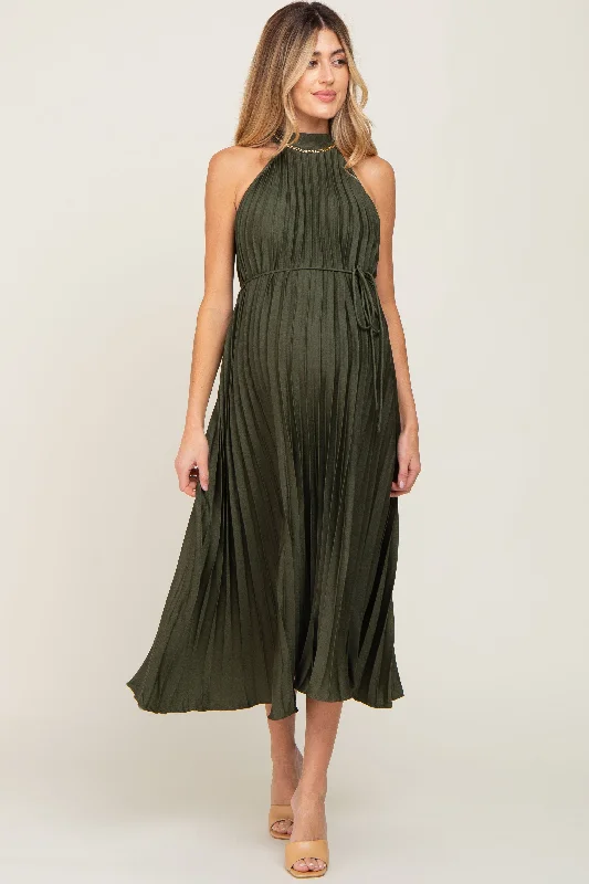 Olive Pleated Maternity Halter Dress Elegant evening unclassified dresses