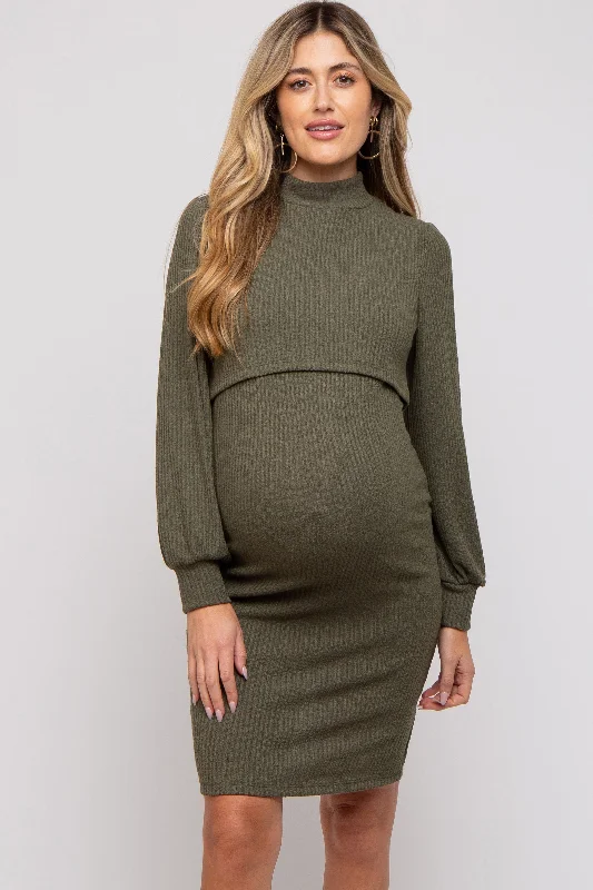 Olive Rib Knit Mock Neck Maternity Nursing Dress Formal unclassified dresses