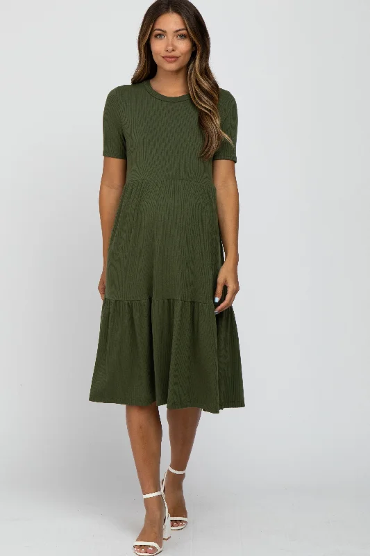 Olive Ribbed Tiered Maternity Dress Best-selling unclassified dresses