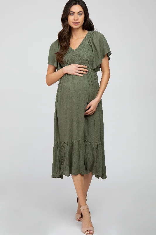 Olive Smocked Ruffle Maternity Dress Lightweight unclassified dresses