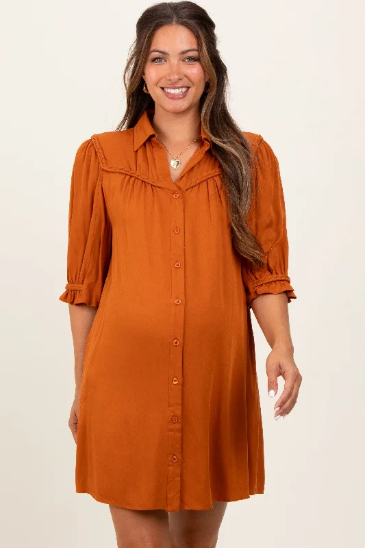 Orange Braided Trim Detail Button Down Maternity Dress Lounge unclassified dresses