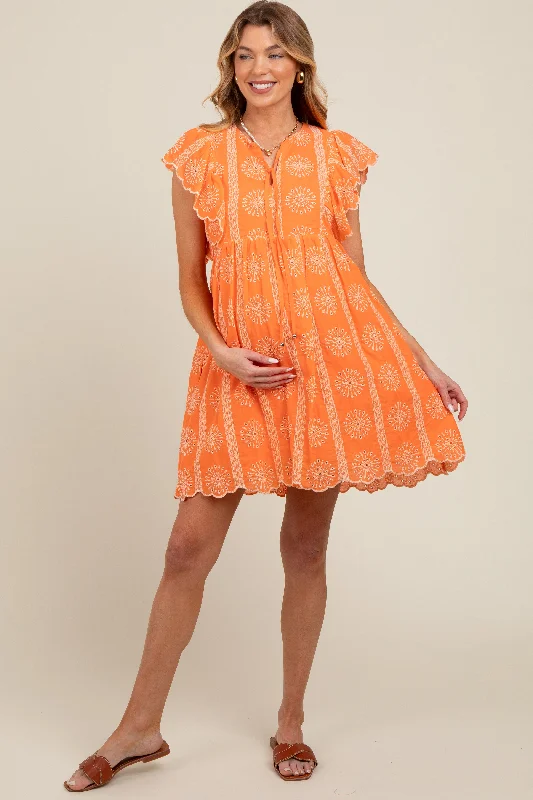 Orange Embroidered Flutter Sleeve Maternity Dress Casual unclassified dresses