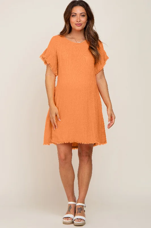 Orange Frayed Trim Back Keyhole Linen Maternity Dress Stylish unclassified dresses