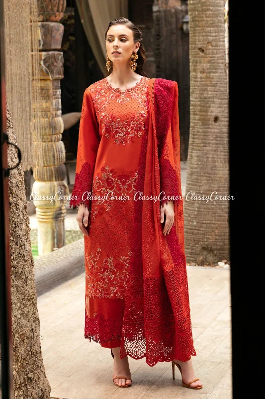 Orange Red Lawn Embroidered Formal Suit Vintage unclassified dresses