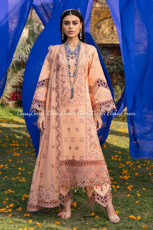 Peach Blue Lawn Embroidered Suit Open-back unclassified dresses