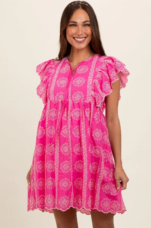 Pink Embroidered Flutter Sleeve Maternity Dress Denim unclassified dresses