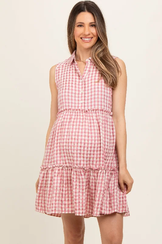 Pink Gingham Button Front Collared Maternity Dress Fashionable unclassified dresses