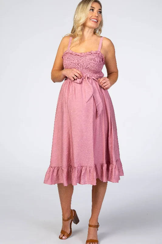 Pink Ruffle Smocked Maternity Dress Cotton unclassified dresses