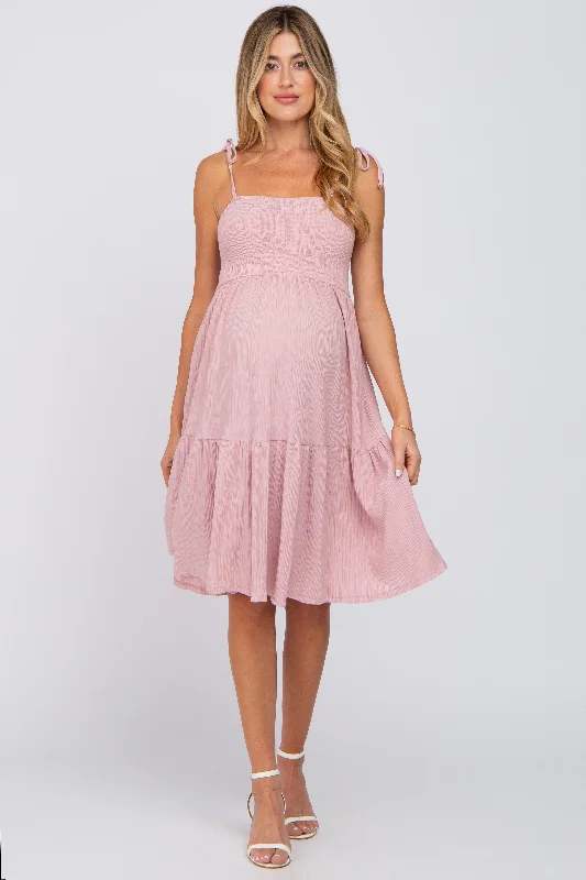 Pink Smocked Shoulder Tie Maternity Dress Winter unclassified dresses