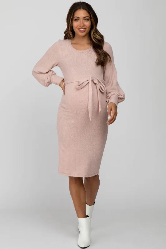 Pink Soft Brushed Waist Tie Bubble Sleeve Maternity Dress Metallic unclassified dresses