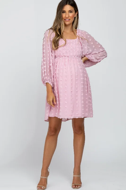 Pink Textured Dot Smocked Square Neck Chiffon Maternity Dress Sexy unclassified dresses