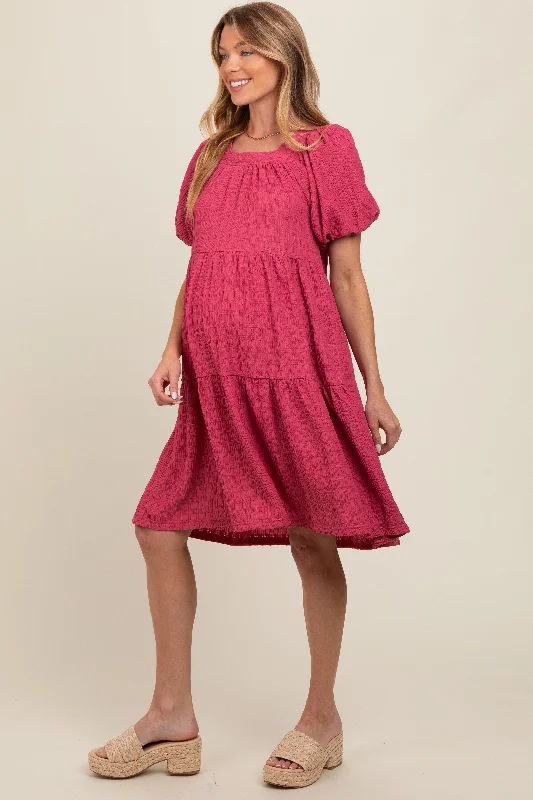 Pink Textured Tiered Puff Sleeve Maternity Dress Best-selling unclassified dresses