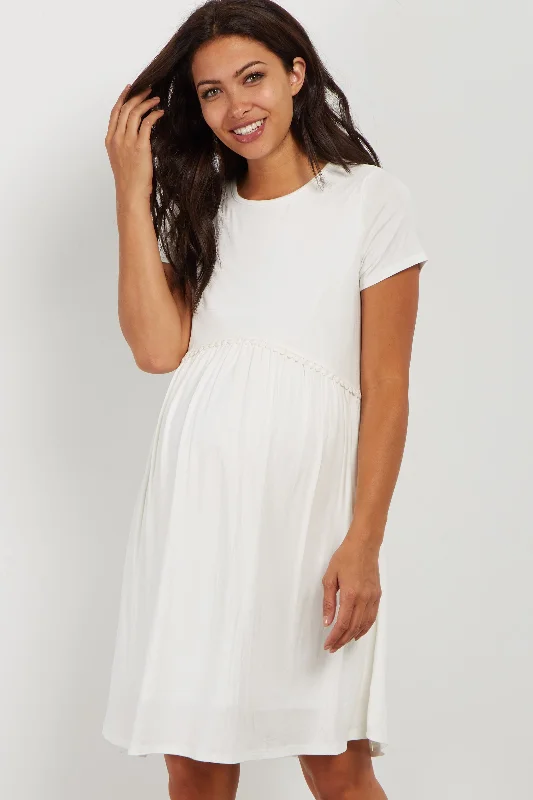 PinkBlush Ivory Solid Crochet Trim Maternity Shift Dress Metallic unclassified dresses