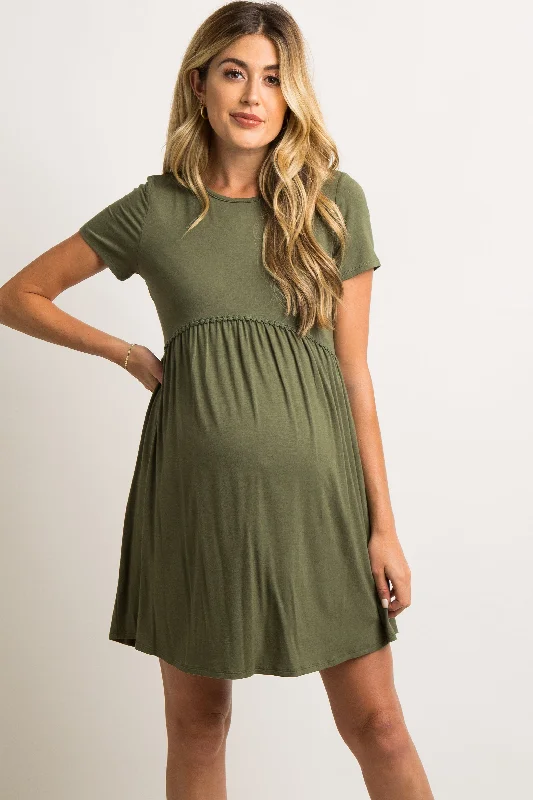 PinkBlush Olive Solid Crochet Trim Maternity Shift Dress Mesh unclassified dresses