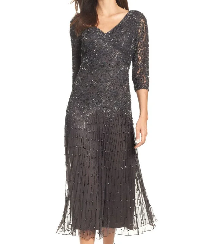 PISARRO NIGHTS Women's Grey Beaded Mesh Embroidered Dress #1151 12 NWT Cocktail unclassified dresses