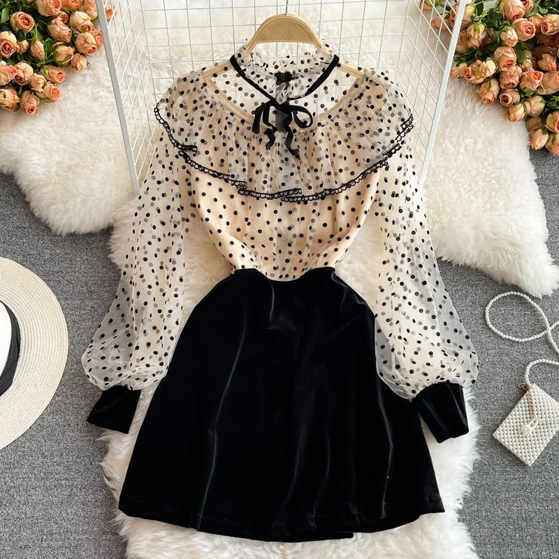 Polka Dot mesh stitched velvet super Fairy Dress  3257 Casual chic unclassified dresses