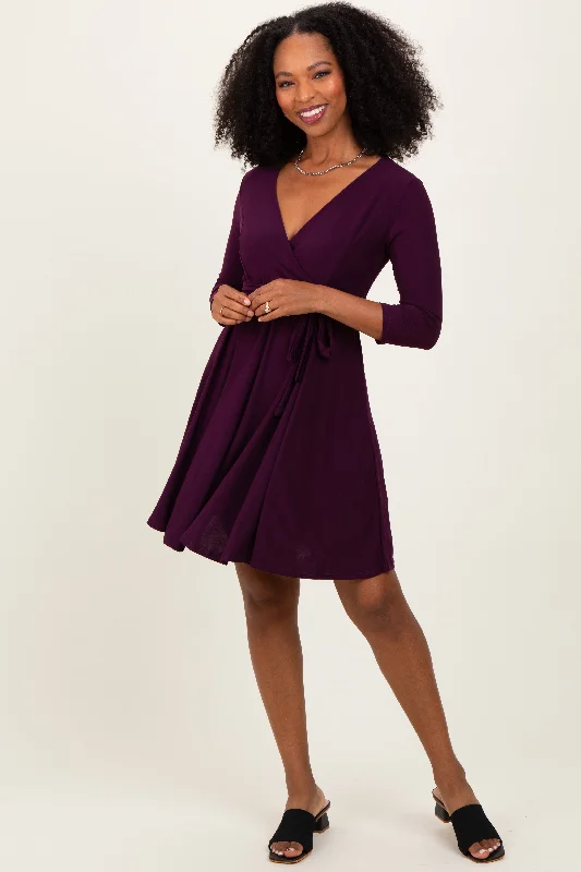 Purple 3/4 Sleeve Nursing Sash Tie Wrap Dress Elegant evening unclassified dresses