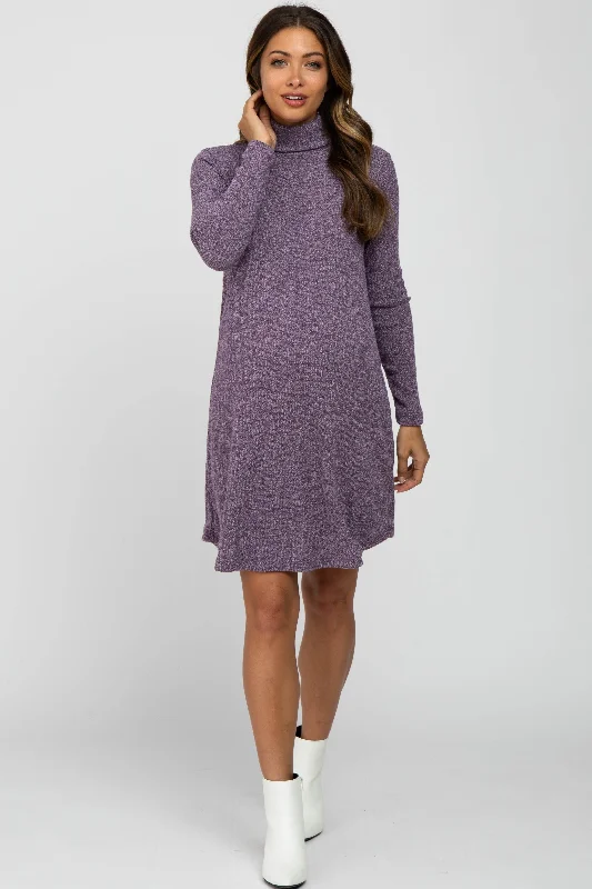 Purple Ribbed Turtleneck Maternity Dress One-shoulder unclassified dresses