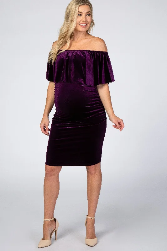 Purple Velvet Off Shoulder Fitted Maternity Dress Striped unclassified dresses