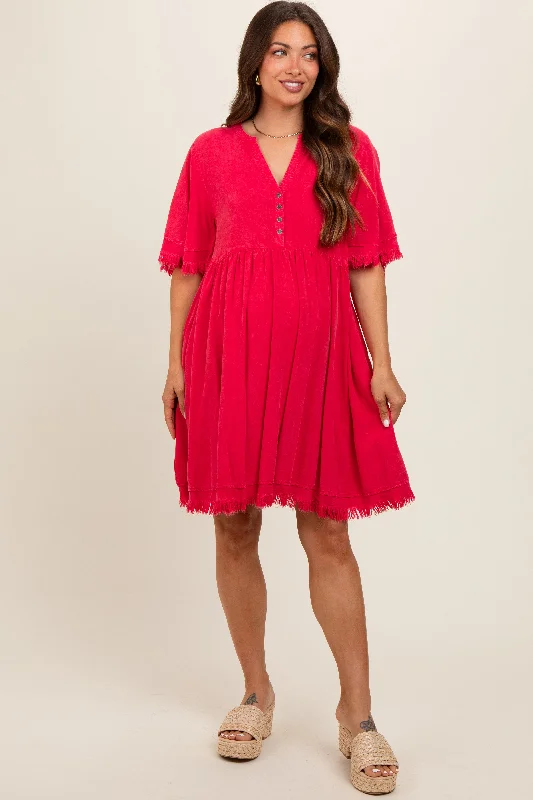 Red Button Front Frayed Maternity Dress Travel unclassified dresses