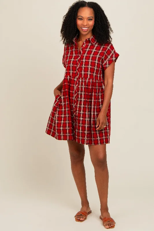 Red Plaid Rolled Cuff Sleeve Button Down Dress Mesh unclassified dresses